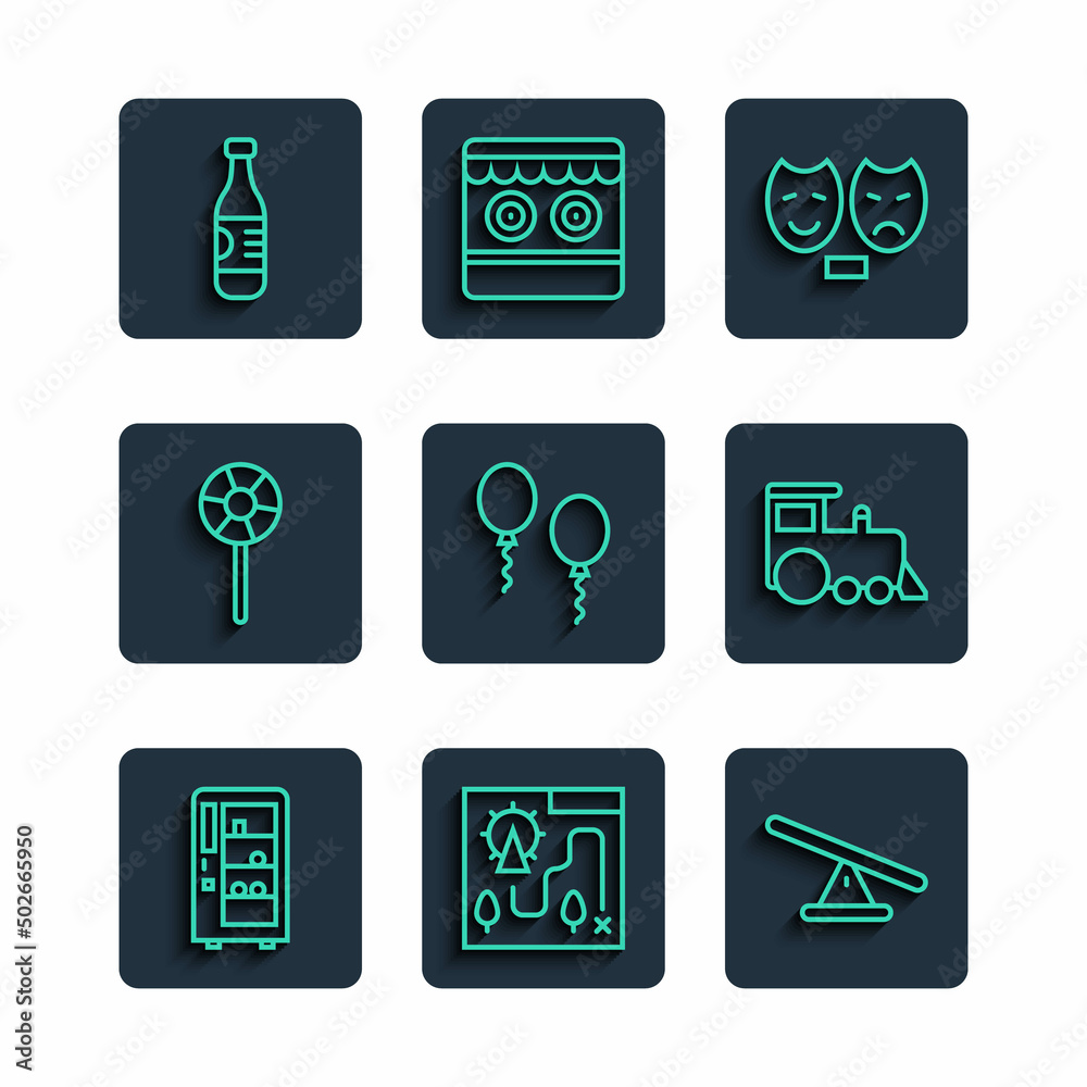Set line Vending machine, Amusement park map, Seesaw, Comedy and tragedy masks, Balloons, Lollipop, Bottle of water and Toy train icon. Vector Set line Vending machine, Amusement park map, Seesaw, Comedy and tragedy masks, Balloons, Lollipop, Bottle of water and Toy train icon. Vector
