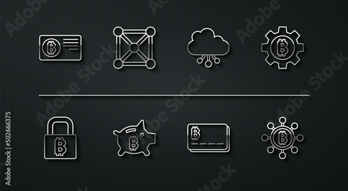Set line Credit card with bitcoin, Lock, Cryptocurrency Bitcoin, Piggy bank, Blockchain technology, and cloud mining icon. Vector
