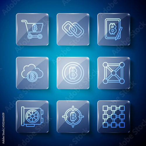 Set line Video graphic card, Bitcoin in the target, Blockchain technology, Mining bitcoin from tablet, Cryptocurrency cloud mining, Shopping cart with and icon. Vector
