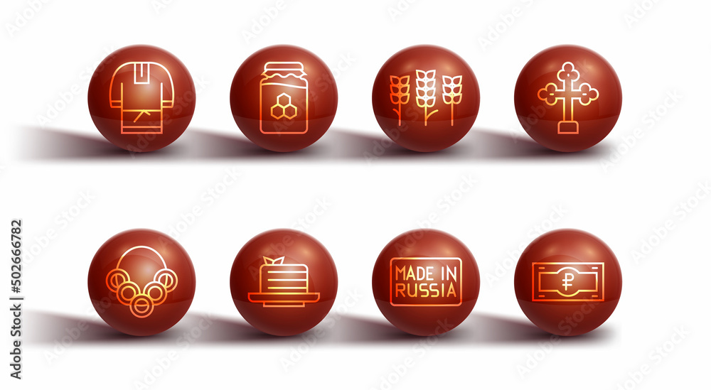 Set line Kosovorotka, Russian bagels, Christian cross, Made in, Medovik, Jar of honey, ruble banknote and Wheat icon. Vector Set line Kosovorotka, Russian bagels, Christian cross, Made in, Medovik, Jar of honey, ruble banknote and Wheat icon. Vector