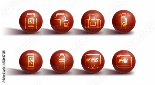 Set line Sports nutrition, Smartwatch, Location gym, Fitness shaker, Online fitness and training and bag icon. Vector