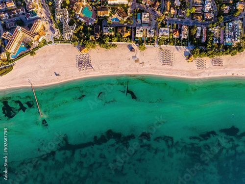 Aerial view of the beach in Palma de Mallorca with the town and harbor below beautiful coastline scenery Spain Mediterranean Sea, Balearic Islands.