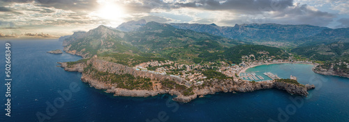 Aerial view of the luxury cliff house hotel on top of the cliff on the island of Mallorca, Spain.