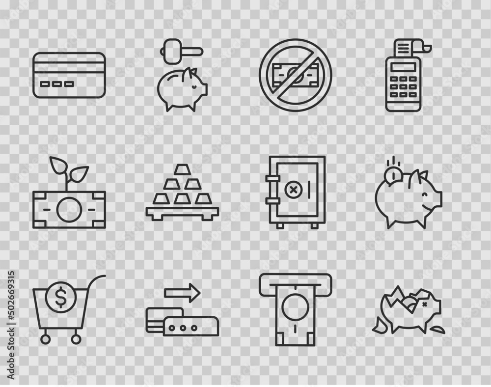 Set line Shopping cart and dollar, Broken piggy bank, No money, Pos terminal, Credit card, Gold bars, ATM and Piggy with coin icon. Vector Set line Shopping cart and dollar, Broken piggy bank, No money, Pos terminal, Credit card, Gold bars, ATM and Piggy with coin icon. Vector