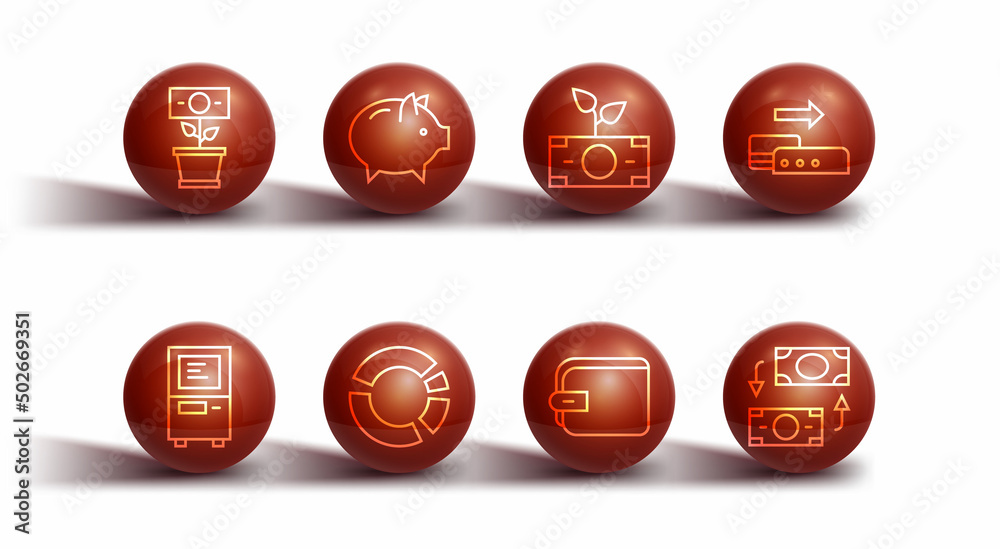 Set line Money plant in the pot, ATM, Pos terminal, Wallet, Pie chart infographic, Piggy bank, exchange and icon. Vector Set line Money plant in the pot, ATM, Pos terminal, Wallet, Pie chart infographic, Piggy bank, exchange and icon. Vector