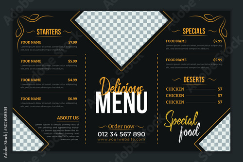 Modern fast food menu design template for restaurant and café on dark chalkboard. food trifold menu brochure