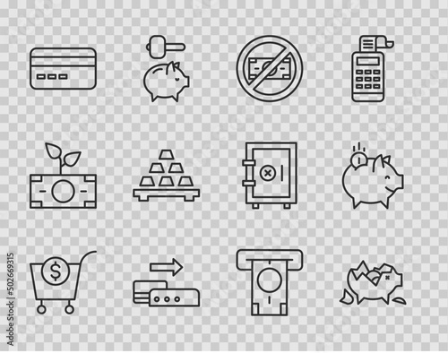 Set line Shopping cart and dollar, Broken piggy bank, No money, Pos terminal, Credit card, Gold bars, ATM and Piggy with coin icon. Vector