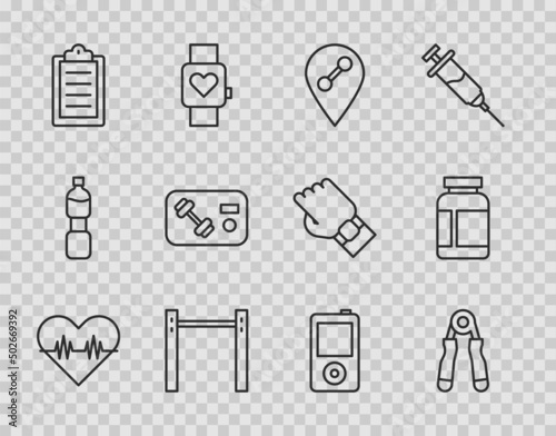 Set line Heart rate, Sport expander, Location gym, Horizontal bar, training program, Fitness club, card, Music player and Sports nutrition icon. Vector