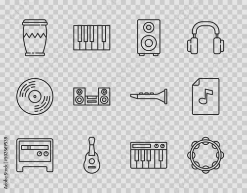 Set line Guitar amplifier, Tambourine, Stereo speaker, Drum, Home stereo, Music synthesizer and book with note icon. Vector