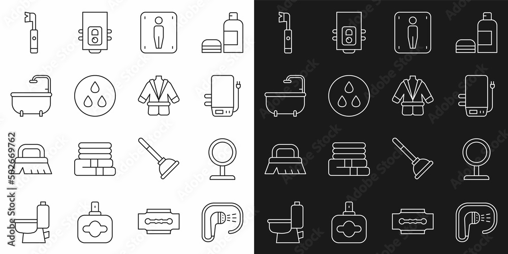 Set line Shower, Round makeup mirror, Electric boiler, Male toilet, Water drop, Bathtub, toothbrush and Bathrobe icon. Vector