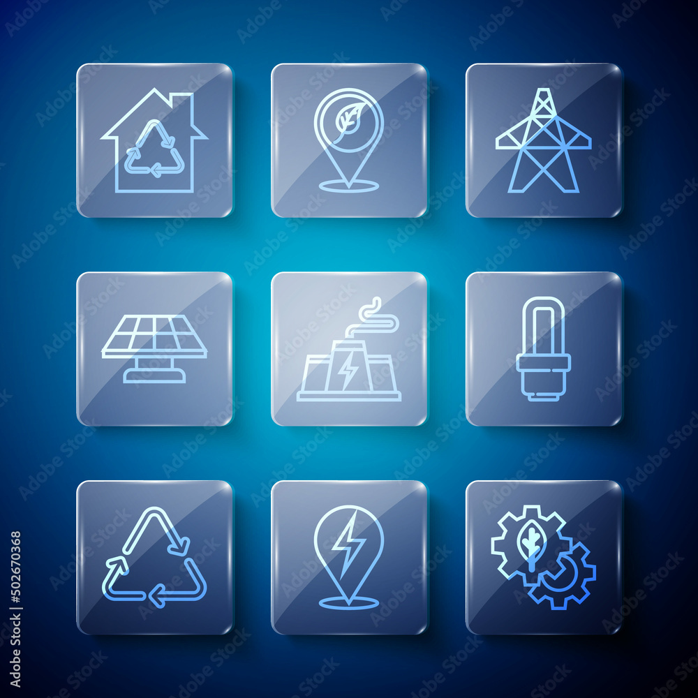 Set line Recycle symbol, Lightning bolt, Leaf plant gear machine, Electric tower, Power station factory, Solar energy panel, Eco House with recycling and LED light bulb icon. Vector Set line Recycle symbol, Lightning bolt, Leaf plant gear machine, Electric tower, Power station factory, Solar energy panel, Eco House with recycling and LED light bulb icon. Vector