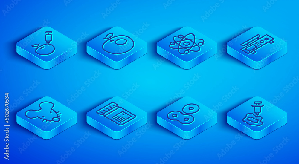 Set line Genetically modified apple, Atom, Jar with additives, Cell division, Electronic scales, Experimental mouse and Syringe icon. Vector Set line Genetically modified apple, Atom, Jar with additives, Cell division, Electronic scales, Experimental mouse and Syringe icon. Vector
