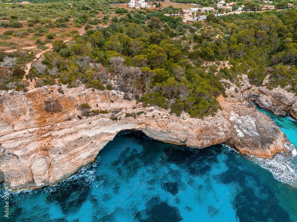 Aerial view, Cala d'es Moro, rocky coast at Cala de s'Almonia, nature reserve Cala Llombards, Mallorca, Balearic Islands, Spain