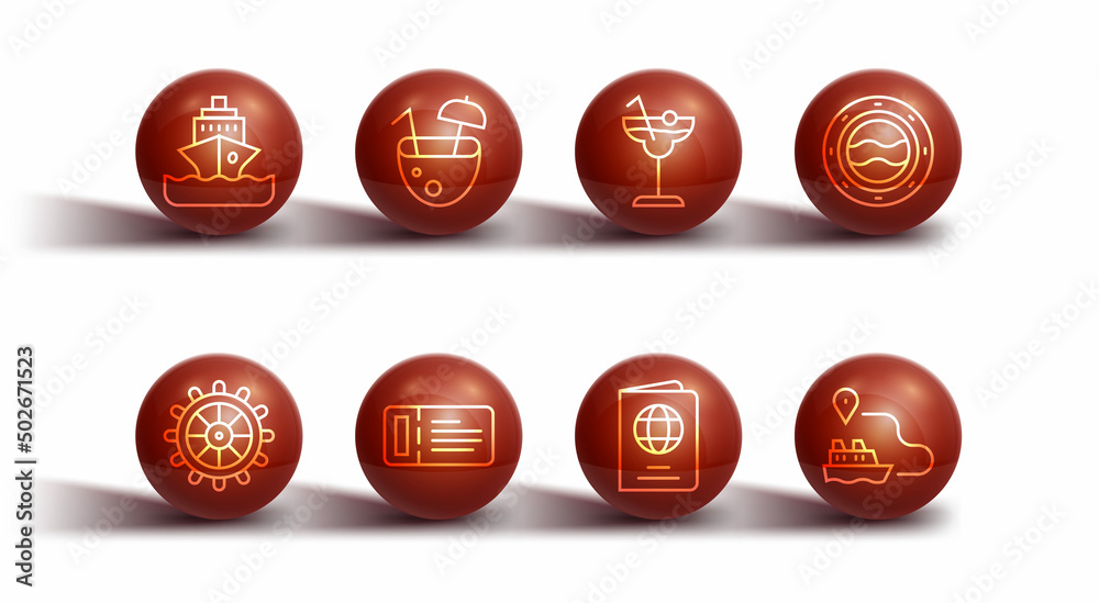 Set line Cruise ship, Ship steering wheel, porthole with seascape, Passport, ticket, Coconut cocktail, line path and Cocktail icon. Vector Set line Cruise ship, Ship steering wheel, porthole with seascape, Passport, ticket, Coconut cocktail, line path and Cocktail icon. Vector