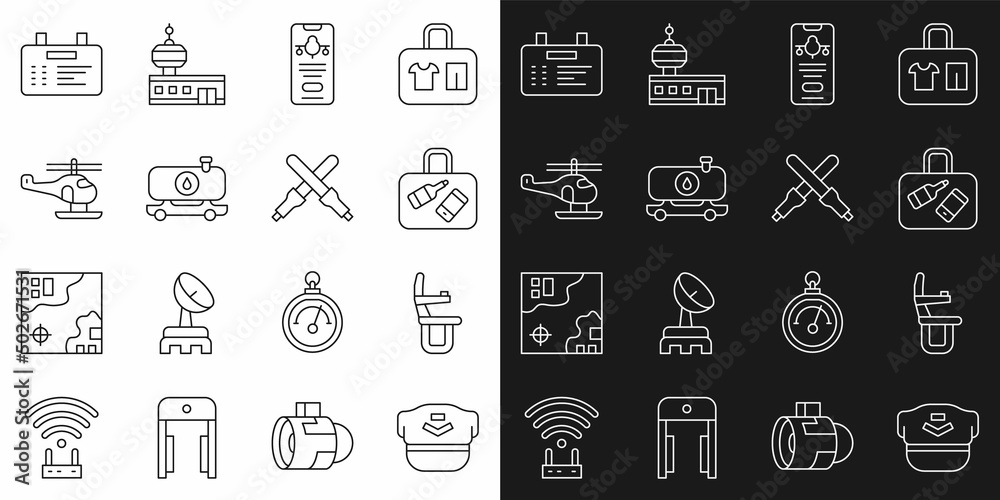 Set line Pilot hat, Airplane seat, Suitcase, Mobile with ticket, Fuel tanker truck, Helicopter, Airport board and Marshalling wands icon. Vector