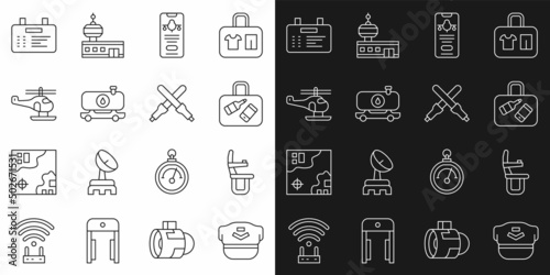 Set line Pilot hat, Airplane seat, Suitcase, Mobile with ticket, Fuel tanker truck, Helicopter, Airport board and Marshalling wands icon. Vector