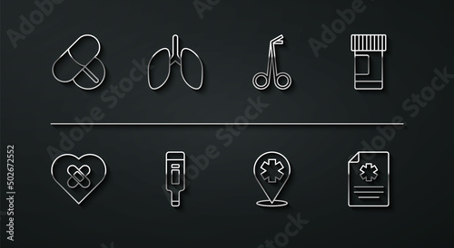 Set line Medicine pill or tablet, Healed broken heart, bottle and pills, Location with cross hospital, Digital thermometer, Lungs, Clinical record and Medical scissors icon. Vector