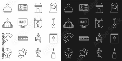 Set line Church building, Holy bible book, Shovel, Old crypt, Speech bubble rip death, tower and Calendar icon. Vector