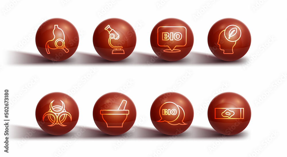 Set line Stomach with magnifying glass, Biohazard symbol, Human head leaf inside, healthy food, Mortar and pestle, Microscope, Blood test virus and icon. Vector Set line Stomach with magnifying glass, Biohazard symbol, Human head leaf inside, healthy food, Mortar and pestle, Microscope, Blood test virus and icon. Vector