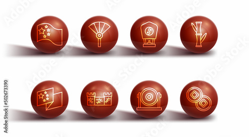 Set line China flag, Bamboo, Gong, Great wall of, Chinese or japanese folding fan, Yuan currency and paper lantern icon. Vector