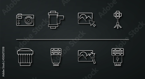 Set line Photo camera, Camera photo lens, Softbox light, retouching, flash, roll cartridge, and icon. Vector