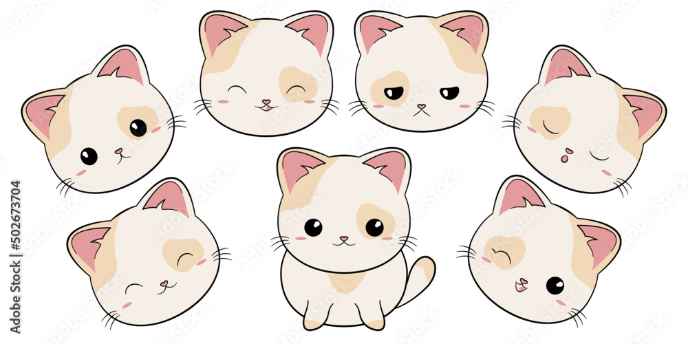 Słodki gruby kotek. Biały rudy kot z różnymi minami. Kot w stylu kawaii. Ilustracja wektorowa na białym tle. - obrazy, fototapety, plakaty 