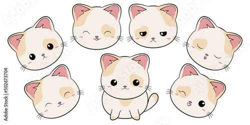Słodki gruby kotek. Biały rudy kot z różnymi minami. Kot w stylu kawaii. Ilustracja wektorowa na białym tle.