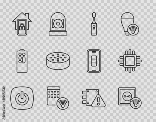 Set line Smart home, electrical outlet, Electric toothbrush, Air humidifier, Mobile with smart, Water sensor, House under protection and Processor CPU icon. Vector