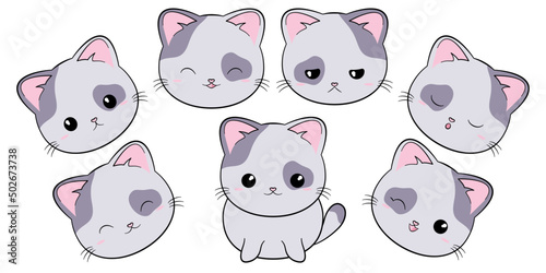 Słodki gruby kotek.Siedzący kot z różnymi minami. Kot w stylu kawaii. Ilustracja wektorowa na białym tle.