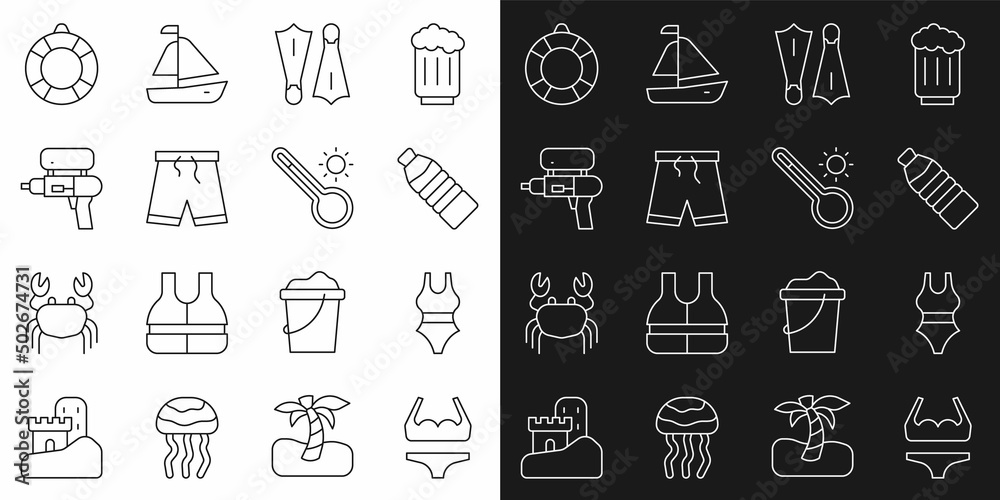 Set line Swimsuit, Bottle of water, Rubber flippers for swimming, Swimming trunks, Water gun, Lifebuoy and Meteorology thermometer icon. Vector