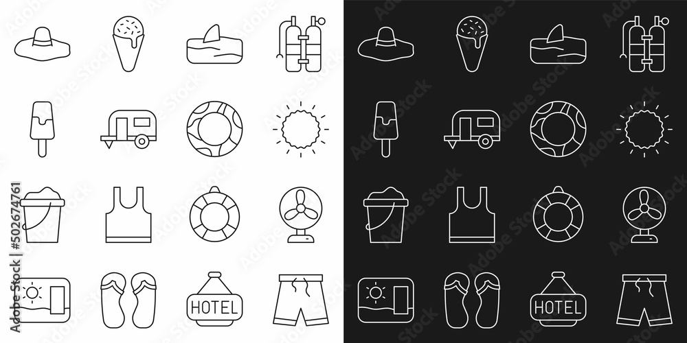 Set line Swimming trunks, Electric fan, Sun, Shark fin ocean wave, Rv Camping trailer, Ice cream, Elegant women hat and Rubber swimming ring icon. Vector