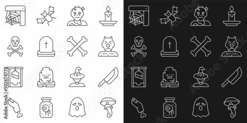 Set line Psilocybin mushroom, Knife, Krampus, heck, Zombie mask, Tombstone with RIP written, Skull crossbones, Spider web and Crossed icon. Vector