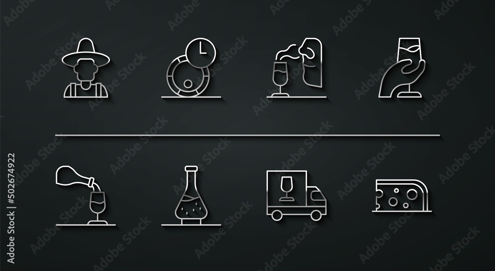 Set line Farmer in the hat, Wine tasting, degustation, truck, Decanter for wine, Wooden barrel, Cheese and Sommelier icon. Vector Set line Farmer in the hat, Wine tasting, degustation, truck, Decanter for wine, Wooden barrel, Cheese and Sommelier icon. Vector
