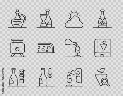 Set line Bottle of wine, Grapes, Sun and cloud weather, Wine temperature, italian fiasco bottle, Cheese, Sommelier and Book about grapes icon. Vector
