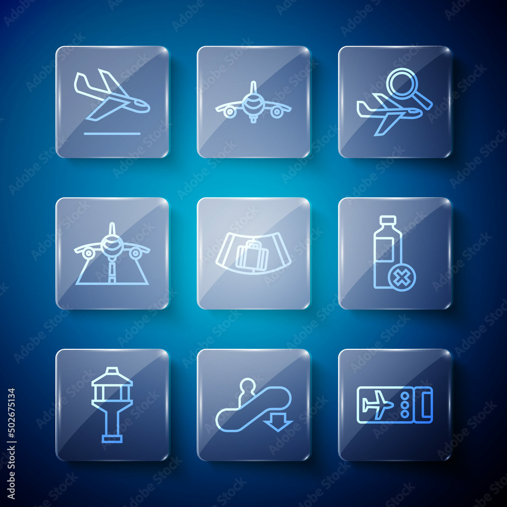 Set line Airport control tower, Escalator down, Airline ticket, Airplane search, Conveyor belt with suitcase, Plane, landing and No water bottle icon. Vector
