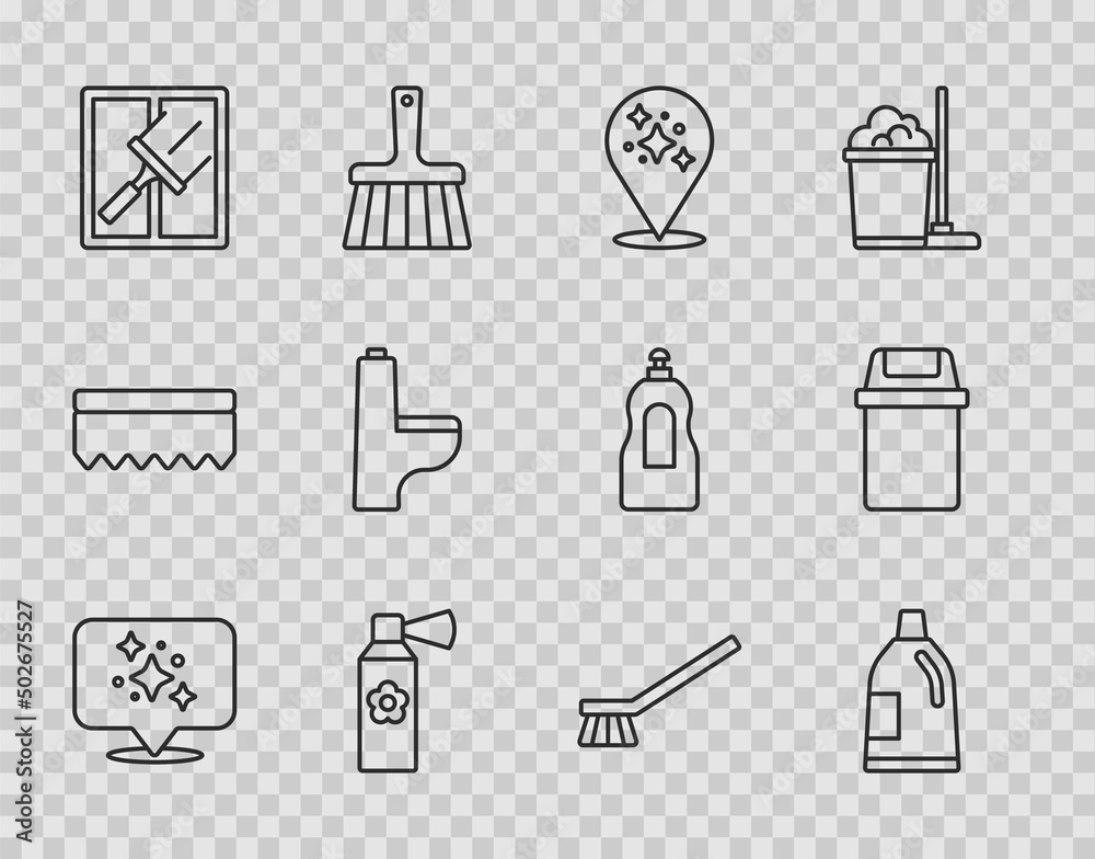 Set line Home cleaning service, Bottle for agent, Air freshener spray bottle, Rubber cleaner windows, Toilet bowl, Brush and Trash can icon. Vector Set line Home cleaning service, Bottle for agent, Air freshener spray bottle, Rubber cleaner windows, Toilet bowl, Brush and Trash can icon. Vector