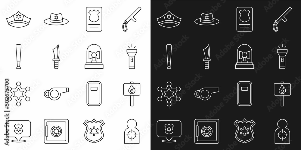 Set line Human target sport for shooting, Protest, Flashlight, Police badge with id case, Military knife, Baseball bat, cap cockade and Flasher siren icon. Vector