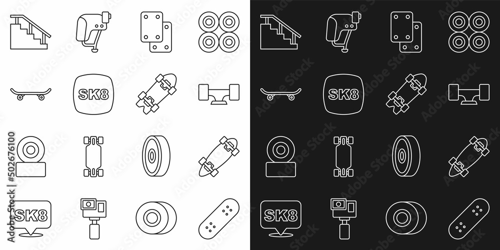 Set line Skateboard, Longboard or skateboard, wheel, Knee pads, stairs with rail and icon. Vector Set line Skateboard, Longboard or skateboard, wheel, Knee pads, stairs with rail and icon. Vector