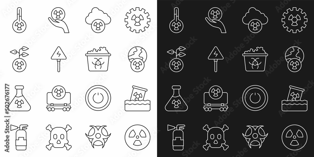 Set line Radioactive, waste in barrel, Planet earth and radiation, Acid rain radioactive cloud, High voltage sign, Meteorology thermometer and Infectious icon. Vector