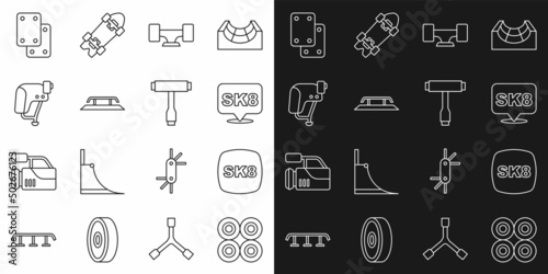 Set line Skateboard wheel, stairs with rail, helmet, Knee pads and T tool icon. Vector