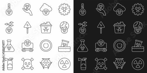 Set line Radioactive, waste in barrel, Planet earth and radiation, Acid rain radioactive cloud, High voltage sign, Meteorology thermometer and Infectious icon. Vector
