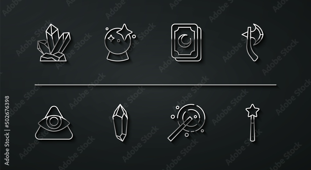 Set line Magic stone, All-seeing eye of God, Wooden axe, wand, ball, and Tarot cards icon. Vector Set line Magic stone, All-seeing eye of God, Wooden axe, wand, ball, and Tarot cards icon. Vector
