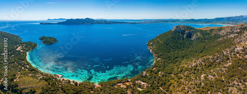 Aerial panoramic view of the beautiful cliffs in Mallorca, Spain. © Aerial Film Studio
