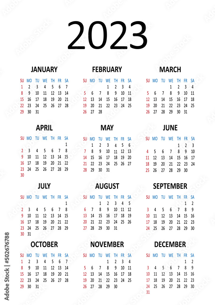 American calendar 2023 year. Week starts on Sunday. Vector illustration American calendar 2023 year. Week starts on Sunday. Vector illustration