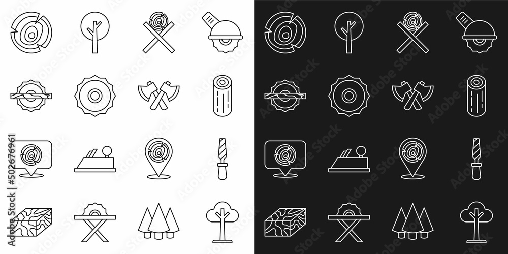 Set line Tree, Rasp metal file, Wooden logs, on stand, Circular saw blade, Electric circular, and axe icon. Vector Set line Tree, Rasp metal file, Wooden logs, on stand, Circular saw blade, Electric circular, and axe icon. Vector