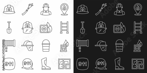 Set line Evacuation plan, Fire in burning building, escape, Firefighter, helmet, shovel, and Electric wiring of socket fire icon. Vector