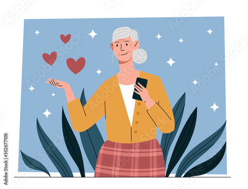 Old woman concept. Grandmother with smartphone sends hearts. Social networks and modern technologies. Elderly person calling her family, senior using gadget. Cartoon flat vector illustration