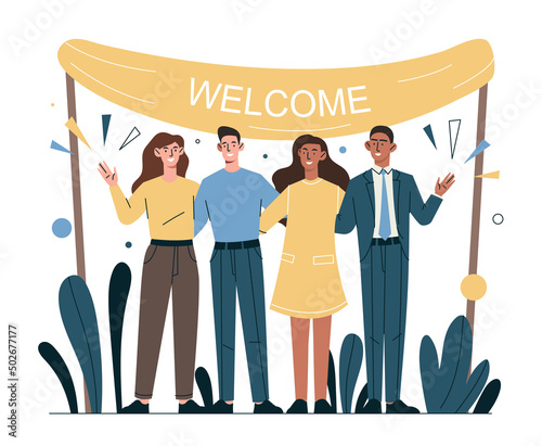 People hugging each other. Characters with welcome poster. Friendly team happy to see newcomer, good relationship in company office. Staff expansion and recruitment. Cartoon flat vector illustration