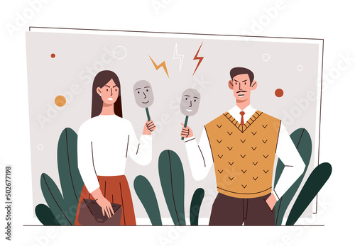 Personality disorder concept. Man and woman holding actors masks in their hands. Psychological and mental problems, pretense and lies. Ways to escape sadness. Cartoon flat vector illustration