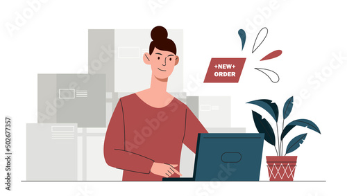 Sell products online. Young girl behind laptop, businesswoman makes deal. Modern technologies and programs for doing business from home. Person waiting delivery. Cartoon flat vector illustration